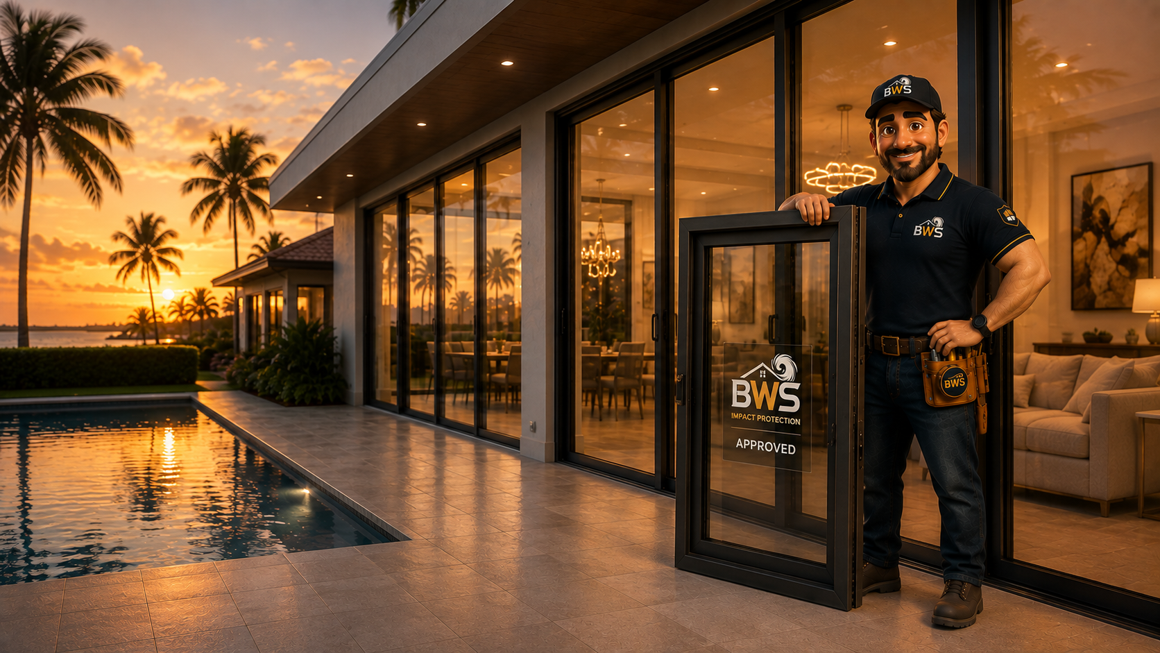 BWS specialist standing on a travertine pool deck beside floor-to-ceiling hurricane impact glass doors at golden hour