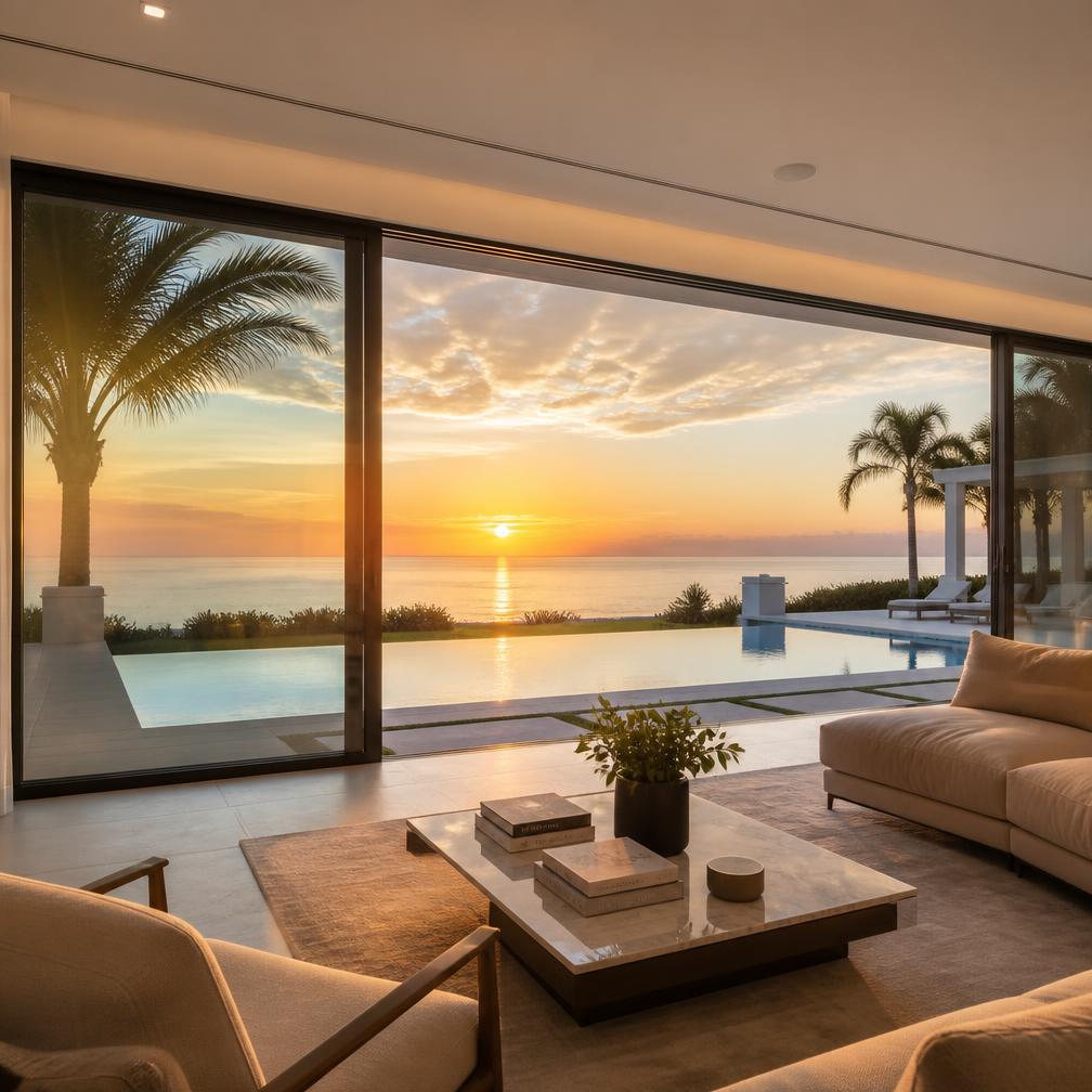Impact sliding glass doors opening to an oceanfront pool